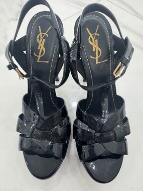 YSL Tribute Platform Sandals Black Patent Leather | Size 39